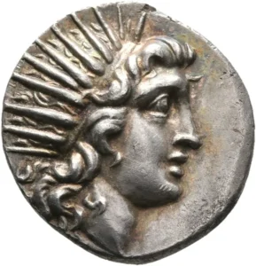 Silver drachma coin with the head of Helios